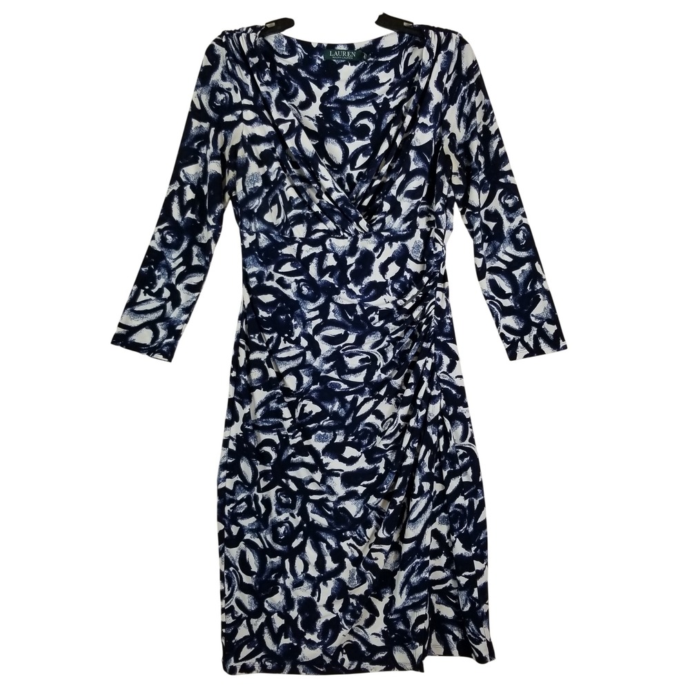 Lauren Ralph Lauren Navy White Abstract Ruched Faux Wrap Sheath Dress Size 6